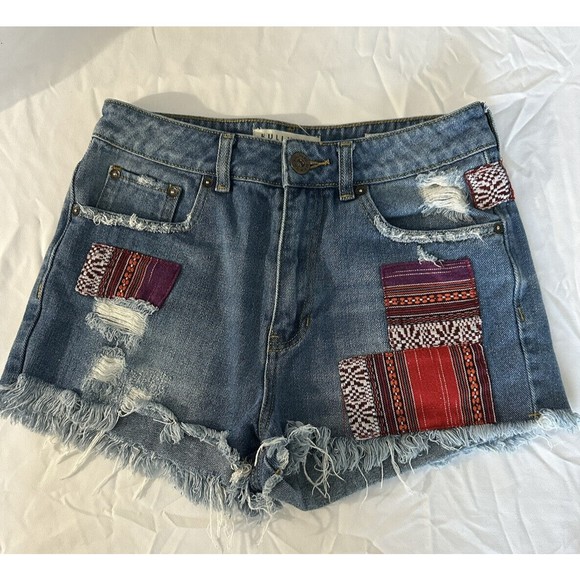 Bullhead DenIm Co. High Rise Short Shorts Sz 5 Blue Jean Mom Patchwork Cut Offs - Picture 1 of 5